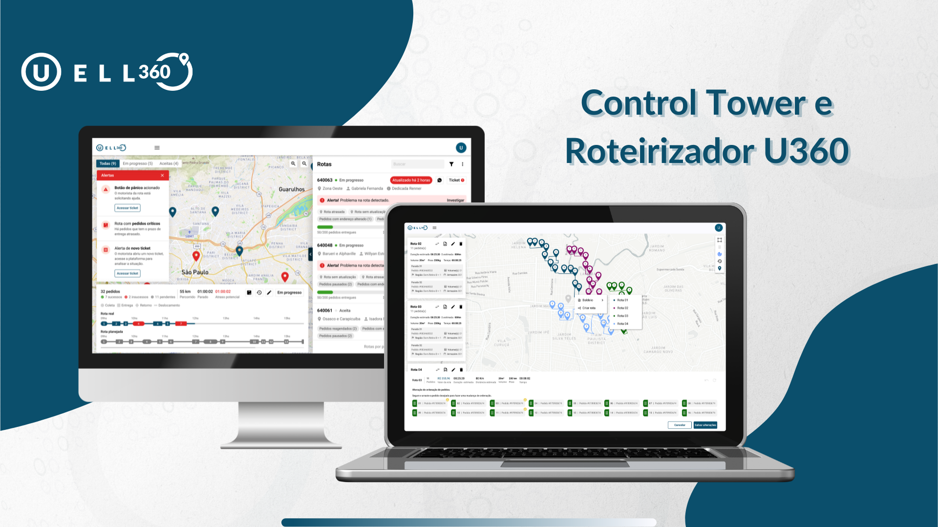 telas ilustrativas das ferramentas de Torre de Controle e Roteirizador da plataforma Uello 360